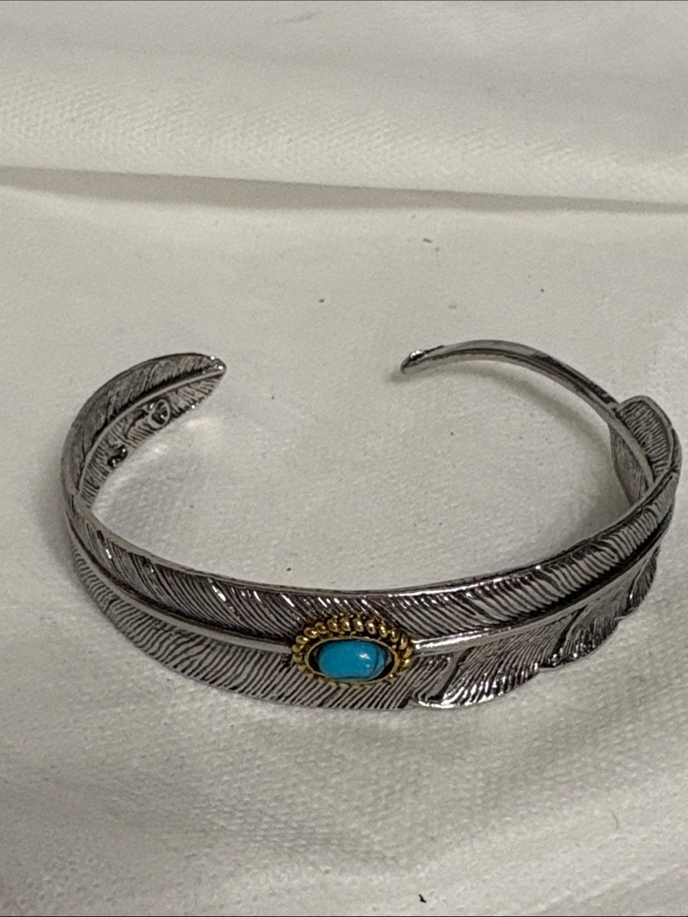 Silver Feather Cuff Bracelet with Turquoise Accent